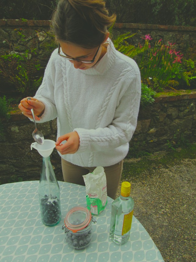 Here, I am adding about three tablespoons of caster sugar into the bottle with the sloes