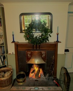 Log Fire and Christmas Wreath